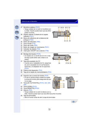 Page 1313
Antes de usar el dispositivo
27 Micrófono estéreo (P237)
•Tenga cuidado de no cubrir el micrófono con 
su dedo. Hacerlo puede hacer que sea difícil 
grabar el sonido.
28 Zapata caliente (Cubierta de la zapata 
caliente)  (P331)
29 Marca de referencia de la distancia del  enfoque  (P163)
30 Botón del obturador  (P65)
31 Disco frontal  (P18)
32 Disco del modo  (P69)
33 Botón de imagen en movimiento  (P231)
34 Indicador de estado  (P38)
35 Interruptor ON/OFF de la cámara  (P38)
36 Montaje del trípode...