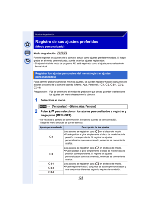 Page 128128
Modos de grabación
Registro de sus ajustes preferidos 
(Modo personalizado)
Modo de grabación: 
Puede registrar los ajustes de la cámara actual como ajustes predeterminados. Si luego 
graba en el modo personalizado, puede usar los ajustes registrados.
•
El ajuste inicial del modo de programa AE es tá registrado como el ajuste personalizado de 
forma inicial.
Para permitir grabar usando los mismos ajuste s, se pueden registrar hasta 5 conjuntos de 
ajustes actuales de la cámara usando [Memo. Ajus....