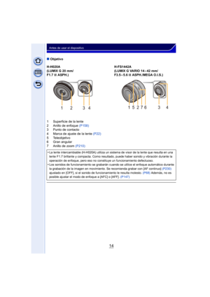 Page 1414
Antes de usar el dispositivo
∫Objetivo
H-H020A
(LUMIX G 20 mm/
F1.7  II ASPH.) H-FS1442A
(LUMIX G VARIO 14 – 42 mm/
F3.5–5.6 
II ASPH./MEGA O.I.S.)
1 Superficie de la lente
2 Anillo de enfoque  (P158)
3 Punto de contacto
4 Marca de ajuste de la lente (P22)
5 Teleobjetivo
6 Gran angular
7 Anillo de zoom (P210)
•
La lente intercambiable (H-H020A) utiliza un si stema de visor de la lente que resulta en una 
lente F1.7 brillante y compacta. Como resultado, puede haber sonido y vibración durante la...