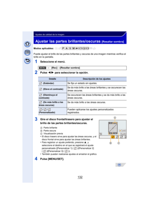 Page 132132
Ajustes de calidad de la imagen
Ajustar las partes brillantes/oscuras [Resaltar sombra]
Modos aplicables: 
Puede ajustar el brillo de las partes brillantes y oscuras de una imagen mientras verifica el 
brillo en la pantalla.
1Seleccione el menú.
2Pulse 2/1 para seleccionar la opción.
3Gire el disco frontal/trasero para ajustar el 
brillo de las partes brillantes/oscuras.
A Parte brillante
B Parte oscura
C Visualización previa
•El disco trasero sirve para ajustar las áreas oscuras, y el 
disco frontal...