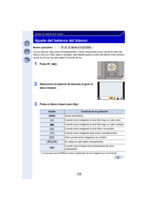 Page 134134
Ajustes de calidad de la imagen
Ajuste del balance del blanco
Modos aplicables: 
A la luz del sol, bajo luces incandescentes u otras condiciones como donde el color del 
blanco toma un matiz rojizo o azulado, este detalle ajusta al color del blanco más próximo 
al que se ve con los ojos según la fuente de luz.
1Pulse 1 ().
2Seleccione el balance de blancos al girar el 
disco trasero.
3Pulse el disco trasero para fijar.
¢ Funcionará como [AWB] durante la grabación de las imágenes en movimiento....