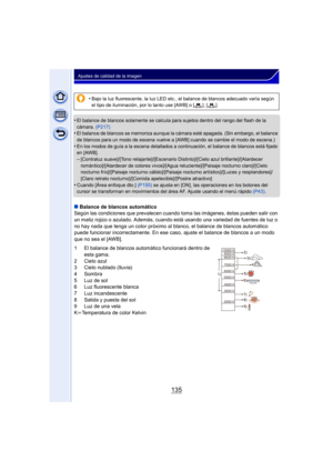 Page 135135
Ajustes de calidad de la imagen
•El balance de blancos solamente se calcula para sujetos dentro del rango del flash de la 
cámara. (P217)
•El balance de blancos se memoriza aunque la cámara esté apagada. (Sin embargo, el balance 
de blancos para un modo de escena vuelve a [AWB] cuando se cambie el modo de escena.)
•En los modos de guía a la escena detallados a continuación, el balance de blancos está fijado 
en [AWB].
–[Contraluz suave]/[Tono relajante]/[Escenario Distinto]/[Cielo azul...