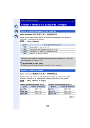 Page 139139
Ajustes de calidad de la imagen
Ajustar el tamaño y la calidad de la imagen
Modos aplicables: 
Esto le permite seleccionar la relación de aspecto de las imágenes para adaptar la 
impresión o el método de reproducción.
•
Los bordes de las imágenes grabadas pueden recortarse en la impresión por lo que debe 
examinarlos antes de imprimir. (P369)
No disponible en estos casos:
•No disponible con [Toma panorámica] en el modo de guía a la escena.
Modos aplicables: 
Ajuste el número de píxeles. Cuanto mayor...