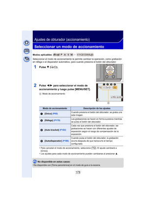 Page 178178
Ajustes de obturador (accionamiento)
Seleccionar un modo de accionamiento
Modos aplicables: 
Seleccionar el modo de accionamiento le permite cambiar la operación, como grabación 
en ráfaga o el disparador automático, para cuando presiona el botón del obturador.
1Pulse 4 ().
2Pulse  2/1 para seleccionar el modo de 
accionamiento y luego pulse [MENU/SET].
A Modo de accionamiento
•Para cancelar el modo de accionamiento, seleccione [ ]. El ajuste cambiará a 
[Único].
•Los ajustes para cada modo de...