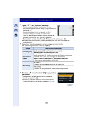 Page 193193
Funciones personalizadas para distintos sujetos y propósitos
7Toque [ ] para finalizar la grabación.
•También se puede finalizar al seleccionar [Anima. 
Movimiento D.] desde el menú [Rec], y luego al presionar 
[MENU/SET].
•Cuando [Autodisparo] está configurado en  [ON], 
seleccione [Exit] en la pantalla de confirmación.
(Si se ha seleccionado [Detener] , presione el botón del 
obturador por completo para retomar la grabación.)
•Se visualiza la pantalla de confirmación. Finaliza cuando se selecciona...