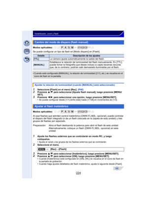 Page 224224
Estabilizador, zoom y flash
Modos aplicables: 
Se puede configurar un tipo de flash en [Modo disparo] en [Flash].
•
Cuando está configurado [MANUAL], la relación de luminosidad ([1/1], etc.) se visualiza en el 
icono de flash en la pantalla.
1Seleccione [Flash] en el menú [Rec]. (P40)2Presione 3/4  para seleccionar [Ajuste flash manual], luego presione [MENU/
SET].
3Presione  2/1  para seleccionar una opción, luego presione [MENU/SET].
•Se puede configurar desde [1/1] (brillo total) hasta [1/128] en...