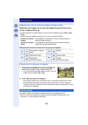 Page 241241
Reproducción/Edición
Seleccione una imagen con el icono de imagen de grupo ([ ], [ ], 
[ ]), y luego presione 3.
•La misma operación se puede realizar al tocar el ícono de imagen de grupo ([ ], [ ], 
[]).
•Cuando reproduce imágenes del grupo una a la vez, se muestran opciones.
∫Operaciones durante la reproducción de grupos de imágenes
1Seleccione una imagen con el icono de imagen de 
grupo ([ ], [ ], [ ]), y luego presione  4.
•
La misma operación se puede realizar al tocar el ícono de 
imagen de...