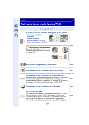 Page 268268
Wi-Fi/NFC
Qué puede hacer con la función Wi-Fi
Lo que puede hacer
Controlar con un teléfono inteligente o una tableta
Grabar con un teléfono 
inteligente.
Guardar imágenes 
almacenadas en la cámara.
Enviar las imágenes a un SNS.P269
Fácil conexión y fácil transferenciaSe puede utilizar fácilmente al 
mantener presionado [Wi-Fi] o al utilizar 
la función NFC.
Reproducir imágenes en un televisorP280
Cuando se envían imágenes a una impresoraP281
Cuando se envían imágenes al dispositivo AV
Es posible...