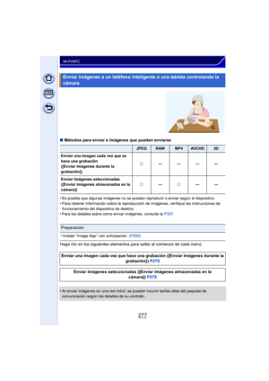Page 277277
Wi-Fi/NFC
∫Métodos para enviar e imágenes que pueden enviarse
•
Es posible que algunas imágenes no se puedan reproducir o enviar según el dispositivo.
•Para obtener información sobre la reproducción de imágenes, verifique las instrucciones de 
funcionamiento del dispositivo de destino.
•Para los detalles sobre cómo enviar imágenes, consulte la  P307.
Haga clic en los siguientes elementos para saltar al comienzo de cada menú.
•
Al enviar imágenes en una red móvil, se pueden incurrir tarifas altas del...