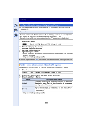 Page 300300
Wi-Fi/NFC
Las imágenes se pueden enviar al dispositivo AV de familiares y conocidos mediante 
“LUMIX CLUB”.
1Seleccione el menú.
2Seleccione [Agreg. disp. nuevo].3Ingrese el número de dirección.
4Ingrese el código de acceso.5Ingrese cualquier nombre.
•Pueden introducirse 28 caracteres como lo máximo. Un carácter de dos bytes es tratado 
como dos caracteres.
•Salga del menú después de que se fija.
•Consulte “Ingreso de texto”  (P61)  para obtener más información sobre como ingresar el texto.
La...