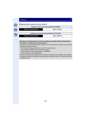 Page 3131
Preparación
∫Reproducción (cuando se usa el monitor)
•
El tiempo de funcionamiento y número de imágenes grabables diferirán dependiendo 
del entorno y condiciones de funcionamiento.
Por ejemplo, en los siguientes casos, el tiempo  de funcionamiento será inferior y el número de 
imágenes grabables se reduce.
–En entornos con bajas temperaturas, como en zonas de esquí.–Use el [AUTO] o [MODE1] de [Luminancia monitor].–Cuando [Modo del visor] está ajustado en [NORMAL].
–Cuando el flash se usa...