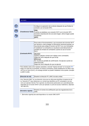 Page 310310
Wi-Fi/NFC
•Para detalles sobre cómo ingresar caracteres, consulte “Ingreso de texto” en la sección P61.•Haga una copia de la contraseña. Si olvida la  contraseña, puede restablecerla con [Rest. Ajus. 
Wi-Fi] en el menú [Conf.], sin embargo también se pueden restablecer otros ajustes. (excepto 
[LUMIX CLUB] )
•Una “dirección MAC” es una dirección única que  se utiliza para identificar el equipo de red.•La “dirección IP” hace referencia a un número que identifica una PC conectada a una red, 
como por...