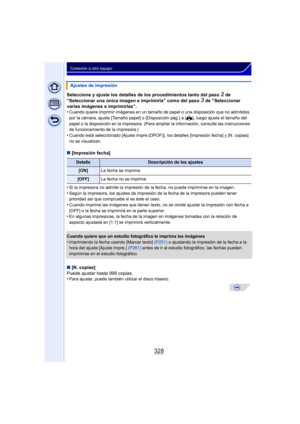 Page 328328
Conexión a otro equipo
Seleccione y ajuste los detalles de los procedimientos tanto del paso 2 de 
“Seleccionar una única imagen e imprimirla” como del paso 
3 de “Seleccionar 
varias imágenes e imprimirlas”.
•
Cuando quiere imprimir imágenes en un tamaño de  papel o una disposición que no admitidos 
por la cámara, ajuste [Tamaño papel] o [Disposición pág.] a [
{], luego ajuste el tamaño del 
papel o la disposición en la impresora. (Para ampliar la información, consulte las instrucciones 
de...