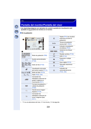 Page 334334
Otro
Pantalla del monitor/Pantalla del visor
•Las siguientes imágenes son ejemplos de cuando la pantalla de visualización está 
ajustada en [ ] (estilo de monitor) en el monitor.
∫En la grabación
¢ “h” es una abreviatura de hora, “m” de minuto y “s” de segundo.
1
Modo de grabación (P69)
Ajustes personalizados 
(P128)
Estilo de foto  (P130)
Visualización del ajuste 
del control creativo  (P114)
‰ŒModo de flash (P219)
Flash (P222, 224)
Conversión de 
teleobjetivo adicional (al 
grabar imágenes en...