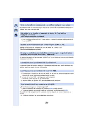 Page 365365
Otro
•Puede tardar más en conectarse según el ajuste de conexión Wi-Fi del teléfono inteligente o la 
tableta, pero esto no es una falla.> En el menú de configuración Wi-Fi de su teléfono inteligente o tableta, apague y encienda 
la función Wi-Fi.
•Revise la información en la pantalla de inicio de sesión de “LUMIX CLUB”.
http://lumixclub.panasonic.net/spa/c/
•El registro del usuario del servicio para “LUMIX  CLUB” no es posible en un entorno sin el punto 
de acceso inalámbrico.
•Cuando el firewall...