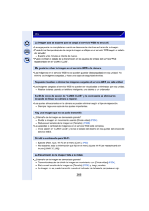 Page 366366
Otro
•La carga puede no completarse cuando se desconecta mientras se transmite la imagen.
•Puede tomar tiempo después de carga la imagen a reflejar en el servicio WEB según el estado 
del servidor.> Espere unos minutos e intente de nuevo.
•Puede verificar el estado de la transmisión en los ajustes del enlace del servicio WEB 
registrándose en el “LUMIX CLUB”.
•Las imágenes en el servicio WEB no se pueden guardar (descargadas) en esta unidad. No 
elimina las imágenes cargadas, y hace una copia de...