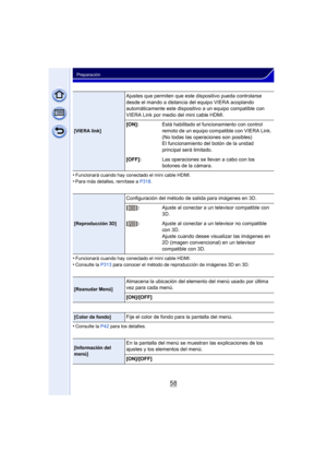 Page 5858
Preparación
•Funcionará cuando hay conectado el mini cable HDMI.•Para más detalles, remítase a P318.
•Funcionará cuando hay conectado el mini cable HDMI.•Consulte la  P313 para conocer el método de reproducción de imágenes 3D en 3D.
•Consulte la P42 para los detalles.
[VIERA link]
Ajustes que permiten que este dispositivo pueda controlarse 
desde el mando a distancia del equipo VIERA acoplando 
automáticamente este dispositivo a un equipo compatible con 
VIERA Link por medio del mini cable HDMI.
[ON]:...