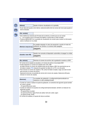 Page 5959
Preparación
•Si por descuido ajusta a otro idioma, seleccione [~] entre los iconos del menú para ajustar el 
idioma deseado.
•Esto habilita las versiones de firmware de la cámara y la lente que se van revisar.•[–. –] se visualiza como el firmware del objetivo cuando éste no está montado.
•Presione [MENU/SET] en la pantalla de visualización de versión para mostrar la información 
sobre el software en la unidad.
•El número de la carpeta se actualiza y el número de archivo inicia desde 0001.•Puede...