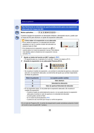 Page 9898
Modos de grabación
Modos aplicables: 
Cuando el ajuste de exposición es demasiado brillante o demasiado oscuro, puede usar 
un toque de AE para alcanzar un ajuste de exposición adecuado.•
Se visualiza el medidor de exposición, y se cambian la velocidad de apertura y obturación 
para dar una exposición adecuada. Los elementos del ajuste que cambian dependerán 
del Modo de grabación.
•En los siguientes casos, no se puede fijar la exposición adecuada. (Se visualiza el 
medidor de exposición)
–Cuando el...