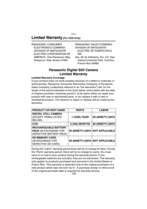 Page 129Others
129
Limited Warranty (For USA Only)
PANASONIC CONSUMER 
ELECTRONICS COMPANY, 
DIVISION OF MATSUSHITA 
ELECTRIC CORPORATION OF 
AMERICA, One Panasonic Way 
Secaucus, New Jersey 07094PANASONIC SALES COMPANY,
DIVISION OF MATSUSHITA 
ELECTRIC OF PUERTO RICO, 
INC.
Ave. 65 de Infanteria, Km. 9.5, San 
Gabriel Industrial Park, Carolina, 
Puerto Rico 00985
Panasonic Digital Still Camera
Limited Warranty
Limited Warranty Coverage
If your product does not work properly because of a defect in materials or...