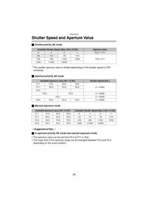 Page 34Preparation
34
Shutter Speed and Aperture Value
ªShutter-priority AE mode
°
1The smaller aperture value is limited depending on the shutter speed or ISO 
sensitivity.
ªAperture-priority AE mode
ªManual exposure mode
¬
Suggestions/Tips ¬
ªIn aperture-priority AE mode and manual exposure mode
 The aperture value can be set from F2.4 to F11 in Tele.
 The lower limit of the aperture range can be changed between F2.0 and F2.4 
depending on the zoom position.
Available Shutter Speed (Sec.) (Per 1/3...