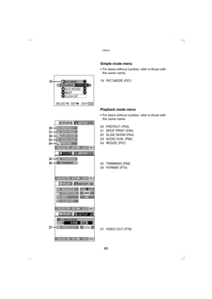 Page 86Others
86
Simple mode menu
 For items without number, refer to those with 
the same name.
19
PICT.MODE (P27)
Playback mode menu
 For items without number, refer to those with 
the same name.
20
PROTECT (P63)21DPOF PRINT (P60)
22SLIDE SHOW (P64)23AUDIO DUB. (P66)24RESIZE (P67)
25TRIMMING (P68)26FORMAT (P70)
27VIDEO OUT (P78)
19
OFFBEEP
ONAUTO REVIEW
PICT.MODE
CLOCK SET
ENLARGE4k6/10k15cm
SELECT SET EXITMENU
202122
26
2324
25                            
27 
SETUPPLAY2/2
SELECT SETEXITMENU
PLAYSETUP...