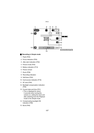 Page 107Others
107
ªRecording in Simple mode
1 Flash (P40)
2 Focus indication (P30)
3 Jitter alert indication (P32)
4 Picture mode (P34)
5 Battery indication (P13)
6 Picture remain
7 Zoom (P39)
8 Recording indication
9 Self-timer (P45)
10 Card access indication (P18)
11 AF area (P30)
12 Backlight compensation indication 
(P36)
13 Current date and time (
P21)
 This is displayed for about 
5 seconds when turning the 
camera on, setting the clock and 
after switching from the Playback 
mode to the Simple mode.
14...