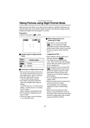 Page 57Recording pictures (advanced)
57
Taking Pictures using Night Portrait Mode
Night portrait mode allows you to take pictures against a nighttime landscape. By 
using the flash and a slow shutter speed, the picture will show the subject and the 
background brighter than they appear in real life.
Preparation
 Set the mode dial to [ ]. (P29)
ª Shutter speed in Night portrait 
mode
ª Technique for Night portrait mode
 We recommend using a tripod since  the shutter speed becomes slow in a 
dark setting (max....