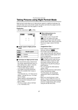 Page 57Recording pictures (advanced)
57
Taking Pictures using Night Portrait Mode
Night portrait mode allows you to take pictures against a nighttime landscape. By 
using the flash and a slow shutter speed, the picture will show the subject and the 
background brighter than they appear in real life.
Preparation
 Set the mode dial to [ ]. (P29)
ª Shutter speed in Night portrait 
mode
ª Technique for Night portrait mode
 We recommend using a tripod since  the shutter speed becomes slow in a 
dark setting (max....