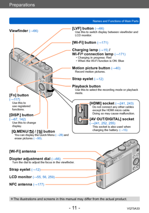 Page 11Preparations
Names and Functions of Main PartsVQT5A33
- 11 -
[HDMI] socket (→241, 243)Do not connect any other cables 
except the HDMI micro cable. 
Doing so may cause malfunction.
[AV OUT/DIGITAL] socket  (→241, 252, 255)This socket is also used when 
charging the battery. (→15)
[LVF] button (→66)Use this to switch display between viewfinder and 
LCD monitor.
[Wi-Fi] button (→171)
Charging lamp (→15) /
Wi-Fi® connection lamp (→171) • Charging in progress: Red • When the Wi-Fi function is ON: Blue
Motion...