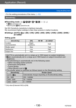 Page 130Application (Record)
Using the [Rec] menuVQT5A33
- 130 -
 • For the setting procedures of the menu.  (→52)
[Sensitivity]
 ■Recording mode: *1 *2 *1 [  ] cannot be set.*2 [AUTO] and [  ] cannot be set.
Set ISO Sensitivity (sensitivity to lighting) manually.
We recommend higher settings to take clear pictures in darker locations.
 ■Settings:  [AUTO] /  / [80] / [100] / [200] / [400] / [800] / [1600] / [3200] / [6400] / 
[H.12800] *
Setting guide
[Sensitivity] [80][H.12800]*
Location
(recommended) Bright...