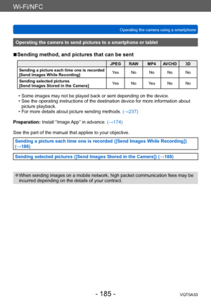 Page 185Wi-Fi/NFC
Operating the camera using a smartphone VQT5A33
- 185 -
Operating the camera to send pictures to a smartphone or tablet
 ■Sending method, and pictures that can be sent
JPEG RAW MP4 AVCHD 3D
Sending a picture each time one is recorded 
[Send Images While Recording] Yes No No No No
Sending selected pictures
[Send Images Stored in the Camera] Yes No Yes No No
 • Some images may not be played back or sent depending on the device. • See the operating instructions of the destination device for more...