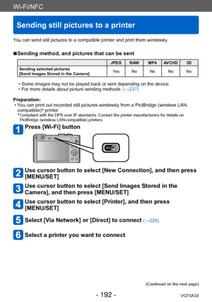 Page 192Wi-Fi/NFC
Sending still pictures to a printer
VQT5A33- 192 -
You can send still pictures to a compatible printer and print them wirelessly.
 ■Sending method, and pictures that can be sent
JPEG RAW MP4 AVCHD 3D
Sending selected pictures
[Send Images Stored in the Camera] Yes No No No No
 • Some images may not be played back or sent depending on the device. • For more details about picture sending methods. 
(→237)
Preparation:
 • Y

ou can print out recorded still pictures wirelessly from a PictBridge...