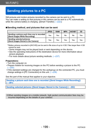 Page 199Wi-Fi/NFC
Sending pictures to a PC
VQT5A33- 199 -
Still pictures and motion pictures recorded by the camera can be sent to a PC.
You can make a setting so that pictures in the camera can be sent to a PC automatically 
while the camera battery is charging. ([Smart Transfer] (→222))
 ■Sending method, and pictures that can be sent
JPEG RAW MP4AVCHD*3D
Sending a picture each time one is recorded 
[Send Images While Recording] Yes Yes No No Yes
Sending selected pictures
[Send Images Stored in the Camera] Yes...