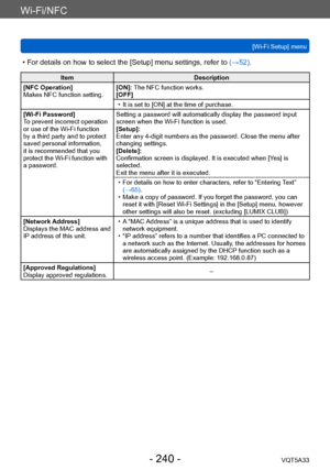 Page 240Wi-Fi/NFC
[Wi-Fi Setup] menuVQT5A33
- 240 -
Item Description
[NFC Operation]
Makes NFC function setting. [ON]: The NFC function works.
[OFF]
 • It is set to [ON] at the time of purchase.
[W

i-Fi Password]
To prevent incorrect operation 
or use of the Wi-Fi function 
by a third party and to protect 
saved personal information, 
it is recommended that you 
protect the Wi-Fi function with 
a password. Setting a password will automatically display the password input 
screen when the Wi-Fi function is used....