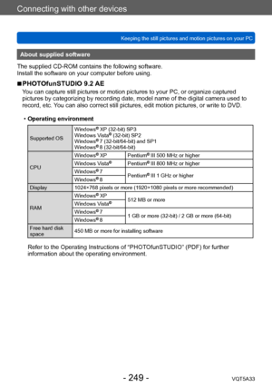 Page 249Connecting with other devices
Keeping the still pictures and motion pictures on your PCVQT5A33
- 249 -
About supplied software
The supplied CD-ROM contains the following software.
Install the software on your computer before using.
 ■PHOTOfunSTUDIO 9.2 AE
You can capture still pictures or motion pictures to your PC, or organize captured 
pictures by categorizing by recording date, model name of the digital camera used to 
record, etc. You can also correct still pictures, edit motion pictures, or write to...
