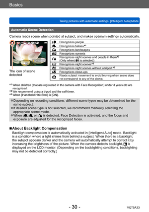 Page 30Basics
Taking pictures with automatic settings  [Intelligent Auto] Mode VQT5A33
- 30 -
Automatic Scene Detection
Camera reads scene when pointed at subject, and makes optimum settings automatically .
 AF Tracking
The icon of scene 
detected
Recognizes peopleRecognizes babies*1
Recognizes landscapesRecognizes sunsetsRecognizes night scenes and people in them*2 
(Only when  is selected)Recognizes night scenes*2
Recognizes night scenes without a tripod.*3
Recognizes close-upsReads subject movement to avoid...