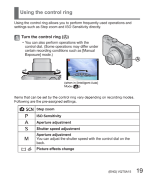 Page 19 (ENG) VQT5A15   19
Using the control ring
Using the control ring allows you to perform frequently used operations and 
settings such as Step zoom and ISO Sensitivity directly.
Turn the control ring ()
  • You can also perform operations with the 
control dial. (Some operations may differ under 
certain recording conditions such as [Manual 
Exposure] mode.)
(when in [Intelligent Auto] 
Mode ())
Items that can be set by the control ring vary depending on recording modes.
Following are the pre-assigned...