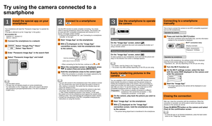 Page 2Try using the camera connected to a 
smartphone
Install the special app on your 
smartphone
Your smartphone will need the “Panasonic Image App” to operate the 
camera.
(The app is referred to as the “Image App” in this guide.)
  ■Compatible OS
Android 2.2 - Android 4.2
iOS 4.3 - iOS 6.1
1Connect the smartphone to a network
2Android Select “Google Play™ Store”
iOS Select “App StoreSM”
3Enter “Panasonic Image App” in the search field
4Select “Panasonic Image App” and install
  • Use the latest version.
  •...