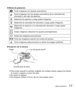 Page 17 (SPA) VQT5A15   17
  ■Modo de grabación
Tome imágenes con ajustes automáticos.
Tome imágenes con los ajustes automáticos de la velocidad del 
obturador y del valor de apertura.
Determine la apertura y luego grabe imágenes.
Determine la velocidad del obturador y luego grabe imágenes.
Determine la apertura y la velocidad del obturador y luego grabe 
imágenes.
Grabe imágenes utilizando los ajustes prerregistrados.
Grabe las imágenes panorámicas.
Tome las imágenes usando los modos de escena.
Tome imágenes...