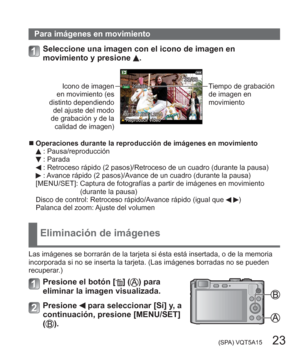 Page 23 (SPA) VQT5A15   23
Para imágenes en movimiento
Seleccione una imagen con el icono de imagen en 
movimiento y presione .
Icono de imagen 
en movimiento (es 
distinto dependiendo 
del ajuste del modo 
de grabación y de la 
calidad de imagen)Tiempo de grabación 
de imagen en 
movimiento
  ■Operaciones durante la reproducción de imágenes en movimiento : Pausa/reproducción : Parada : Retroceso rápido (2 pasos)/Retroceso de un cuadro (durante la pausa) : Avance rápido (2 pasos)/Avance de un cuadro (durante la...