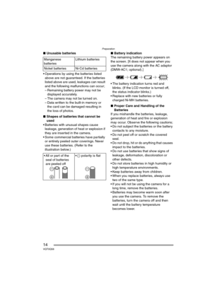 Page 14Preparation
14VQT0Q58
∫Unusable batteries
 Operations by using the batteries listed 
above are not guaranteed. If the batteries 
listed above are used, leakages can result 
and the following malfunctions can occur;
– Remaining battery power may not be 
displayed accurately.
– The camera may not be turned on.
– Data written to the built-in memory or 
the card can be damaged resulting in 
the loss of photos.
∫Shapes of batteries that cannot be 
used
 Batteries with unusual shapes cause 
leakage,...