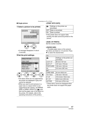 Page 87Connecting to a PC or Printer
87VQT0Q58
∫Single picture
1Select a picture to be printed.
 A message disappears in about 
2 seconds.
2Set the print settings.
 The items which are not supported by 
the printer are displayed in gray and 
cannot be selected.
 When you want to print pictures in a 
paper size or a layout which is not 
supported by the camera, set [PAPER 
SIZE] or [PAGE LAYOUT] to [ ] and 
then set the paper size or the layout on 
the printer. (For details, refer to the 
operating...