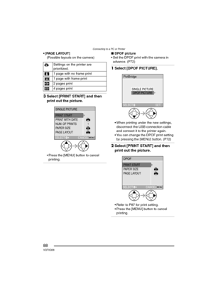 Page 88Connecting to a PC or Printer
88VQT0Q58
 [PAGE LAYOUT]
(Possible layouts on the camera)
3Select [PRINT START] and then 
print out the picture.
 Press the [MENU] button to cancel 
printing.
∫DPOF picture
 Set the DPOF print with the camera in 
advance. (P72)
1Select [DPOF PICTURE].
 When printing under the new settings, 
disconnect the USB connection cable 
and connect it to the printer again.
 You can change the DPOF print setting 
by pressing the [MENU] button. (P72)
2Select [PRINT START] and then...