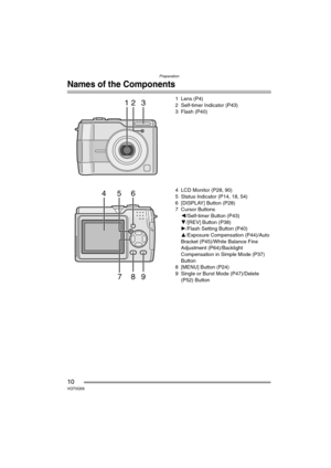 Page 10Preparation
10VQT0Q58
Names of the Components
1Lens (P4)
2 Self-timer Indicator (P43)
3 Flash (P40)
4 LCD Monitor (P28, 90)
5 Status Indicator (P14, 18, 54)
6 [DISPLAY] Button (P28)
7 Cursor Buttons
2/Self-timer Button (P43)
4/[REV] Button (P38)
1/Flash Setting Button (P40)
3/Exposure Compensation (P44)/Auto 
Bracket (P45)/White Balance Fine 
Adjustment (P64)/Backlight 
Compensation in Simple Mode (P37) 
Button
8 [MENU] Button (P24)
9 Single or Burst Mode (P47)/Delete 
(P52) Button12 3
4
7896 5...