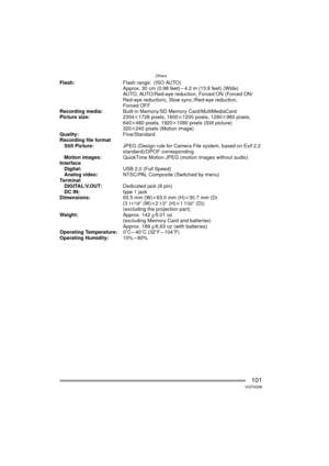 Page 101Others
101VQT0Q58
Flash:Flash range: (ISO AUTO)
Approx. 30 cm (0.98 feet) – 4.2 m (13.8 feet) (WIde)
AUTO, AUTO/Red-eye reduction, Forced ON (Forced ON/
Red-eye reduction), Slow sync./Red-eye reduction, 
Forced OFF
Recording media: Built-in Memory/SD Memory Card/MultiMediaCard
Picture size: 2304k1728 pixels, 1600k1200 pixels, 1280k960 pixels, 
640k480 pixels, 1920 k1080 pixels (Still picture)
320k240 pixels (Motion image)
Quality: Fine/Standard
Recording file format Still Picture: JPEG (Design rule for...