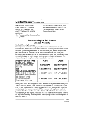 Page 105Others
105VQT0Q58
Limited Warranty (For USA Only)
PANASONIC CONSUMER 
ELECTRONICS COMPANY, 
DIVISION OF PANASONIC 
CORPORATION OF NORTH 
AMERICA
One Panasonic Way, Secaucus, New 
Jersey 07094PANASONIC PUERTO RICO, INC.
Ave. 65 de Infantería, Km. 9.5, San 
Gabriel Industrial Park, Carolina, 
Puerto Rico 00985
Panasonic Digital Still Camera
Limited Warranty
Limited Warranty Coverage
If your product does not work properly because of a defect in materials or 
workmanship, Panasonic Consumer Electronics...