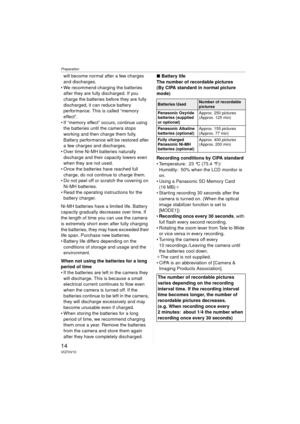 Page 14Preparation
14VQT0V10
will become normal after a few charges 
and discharges.
 We recommend charging the batteries  after they are fully discharged. If you 
charge the batteries before they are fully 
discharged, it can reduce battery 
performance. This is called “memory 
effect”.
 If “memory effect” occurs, continue using  the batteries until the camera stops 
working and then charge them fully. 
Battery performance will be restored after 
a few charges and discharges. 
 Over time Ni-MH batteries...