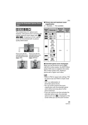 Page 29Basic
29VQT0V10
This camera has a 3k optical zoom. 
However, if the picture size is not set to the 
highest setting for each aspect ratio [ // ], a maximum of 3.8 k optical 
zoom can be achieved with no picture 
quality deterioration. ∫
Picture size and maximum zoom 
magnification
(± : Available, —: Not available)
∫ Extended optical zoom mechanism
When you set the picture size to [ ] 
(3M EZ) (3 million pixels), the 5M (5 million 
pixels) CCD area is cropped to the center 
3M (3 million pixels) area,...