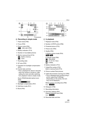 Page 83Others
83VQT0V10
BRecording in simple mode
1 Flash mode (P38)
2 Focus (P23)
3 Picture mode (P26)
: Jitter alert (P25)
4 Battery indication (P13)
5 Number of recordable pictures
6 Built-in memory/Card (P16)
: Built-in memory
:Card
7 Recording state
8 AF area (P23)
9 Operation for backlight compensation 
(P27)
10 Current date and time
 This is displayed for about 5 seconds 
when the camera is turned on, after 
setting the clock and after switching 
from playback mode to simple mode.
Zoom (P28)/Extended...